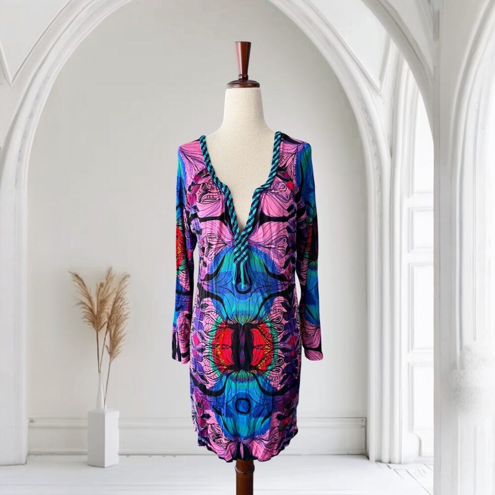 Vintage 90s Custo Barcelona Artsy Long Sleeve Body Con Dress